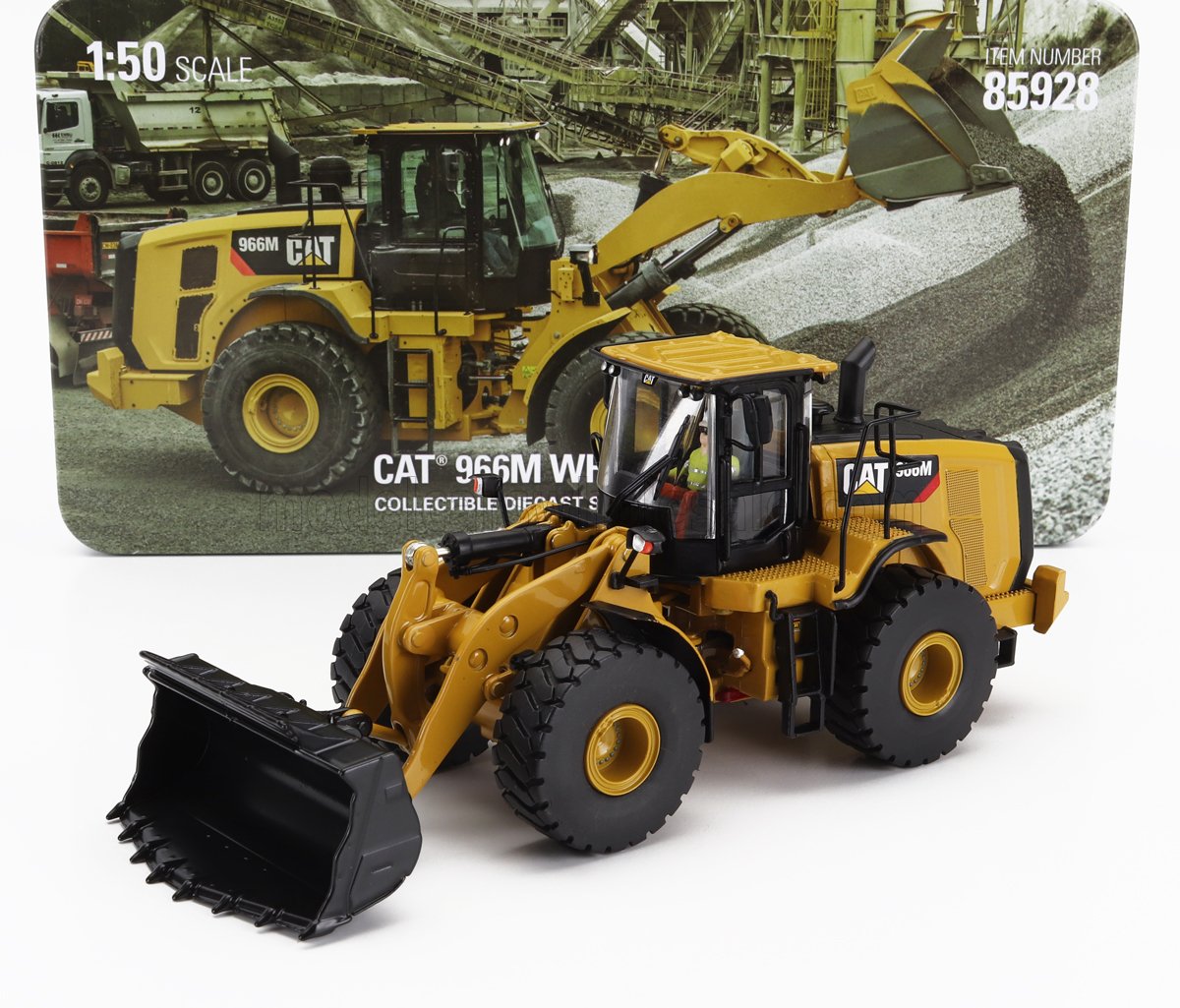 1:50 scale CAT 966M Wheel Loader diecast model with detailed bucket, available on Vroomi