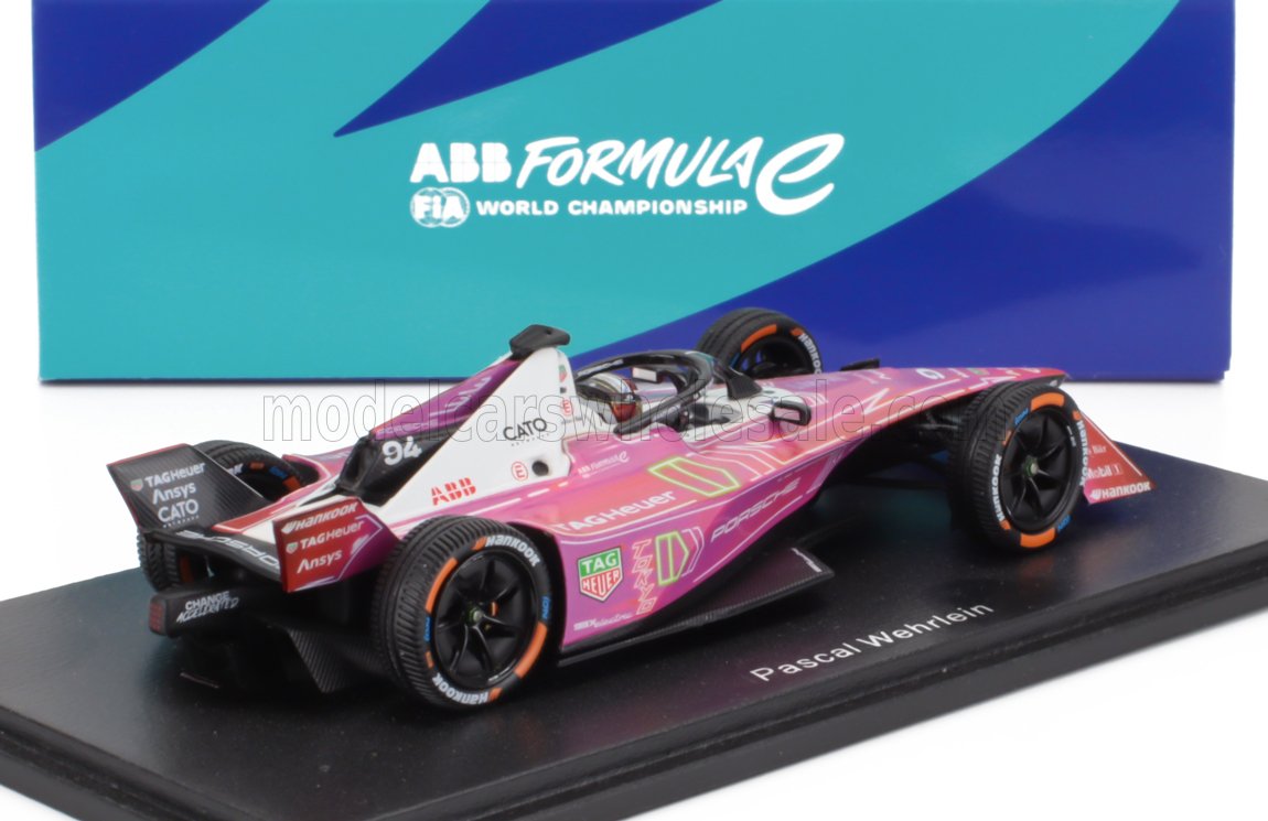 Modellino ABB Formula E rosa e bianco di Pascal Wehrlein con i loghi degli sponsor, presentato su Vroomi.