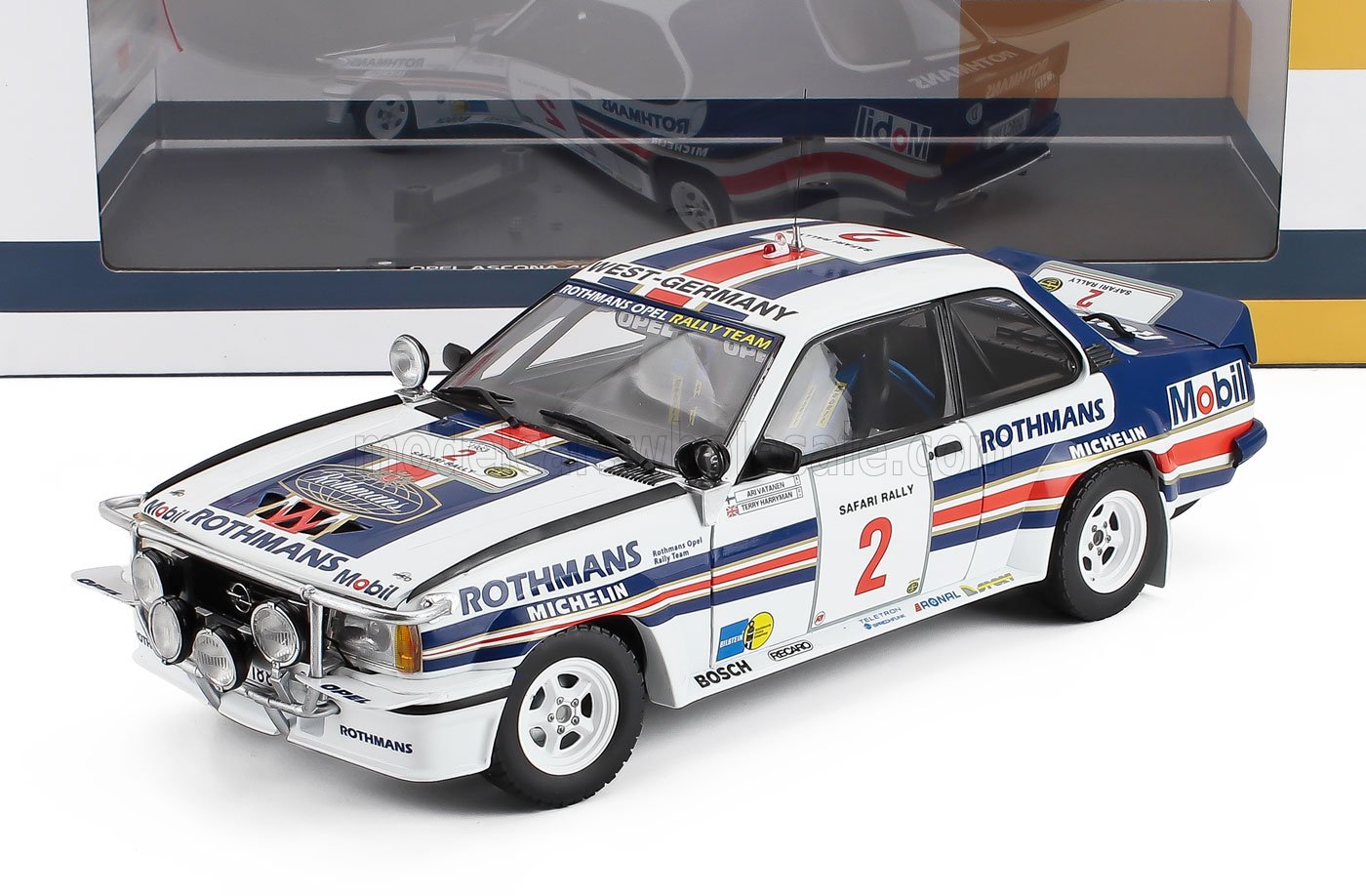 1/18 scale Rothmans Opel Ascona rally model car with sponsor decals, available on Vroomi