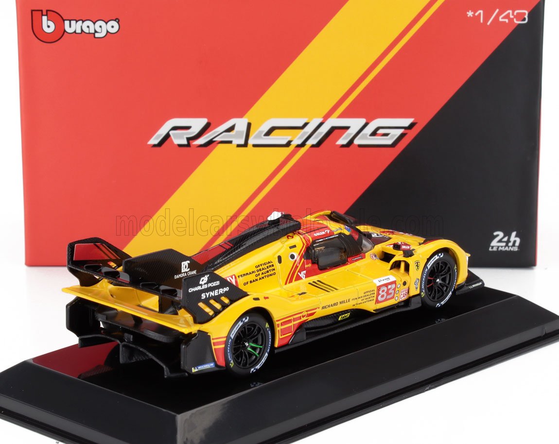 1:43 scale yellow and red Burago racing car model with 24h Le Mans branding on black display, available on Vroomi