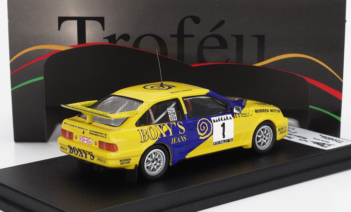 Yellow and blue rally car scale model with number 1 and box, collectible available now