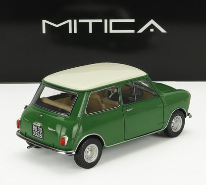 Green and white classic Mini Cooper model car with detailed interior, featured on Vroomi platform