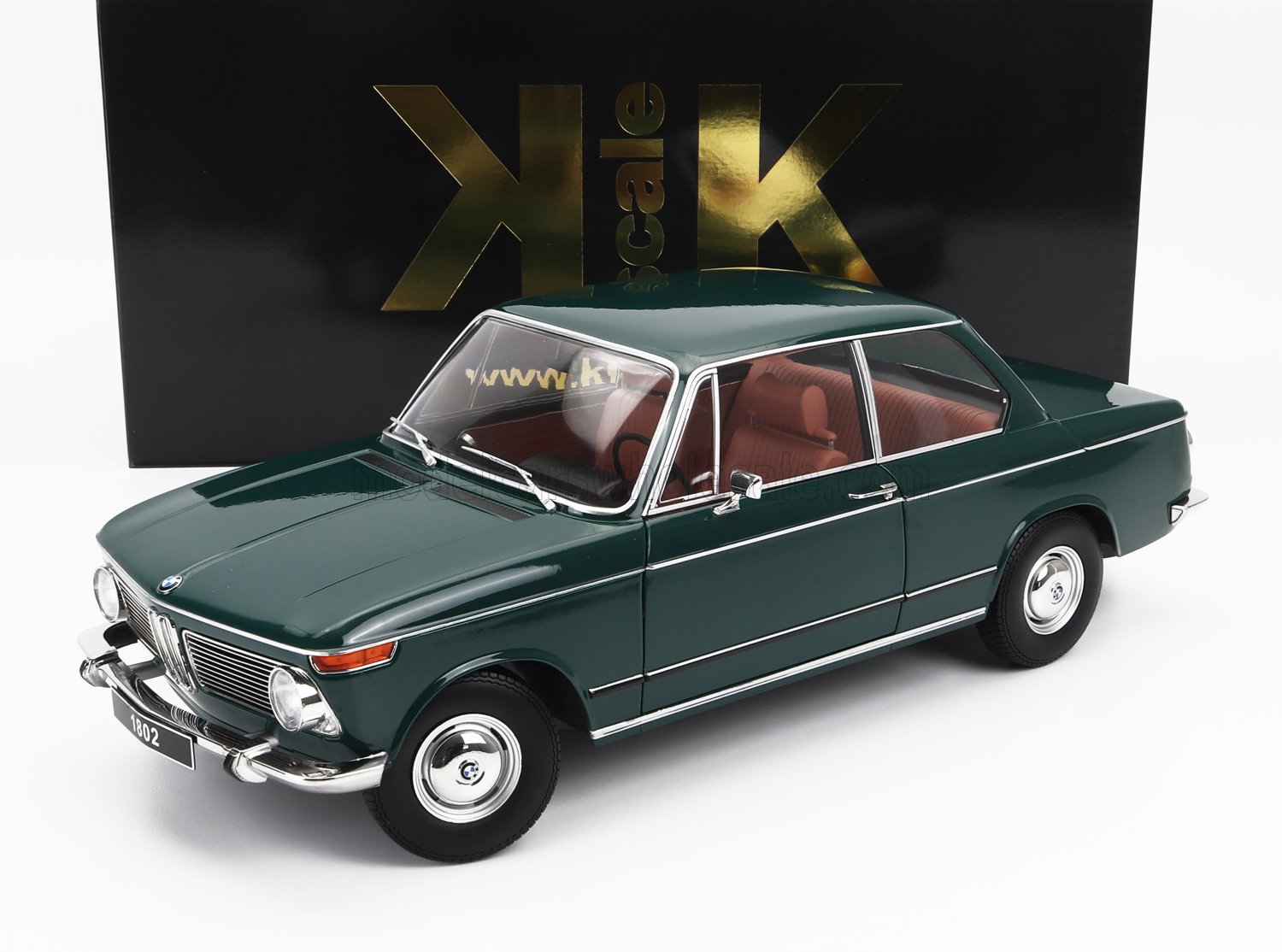 Dark green BMW 1802 classic model car with brown interior, displayed with KK Scale box, available via Vroomi