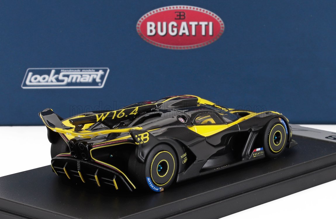 Black and yellow Bugatti W16.4 race car model on display, available through Vroomi