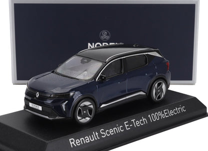 Miniature Renault Scenic E-Tech 100% Electric model car in dark blue with black roof, featured on a display stand, available now on Vroomi