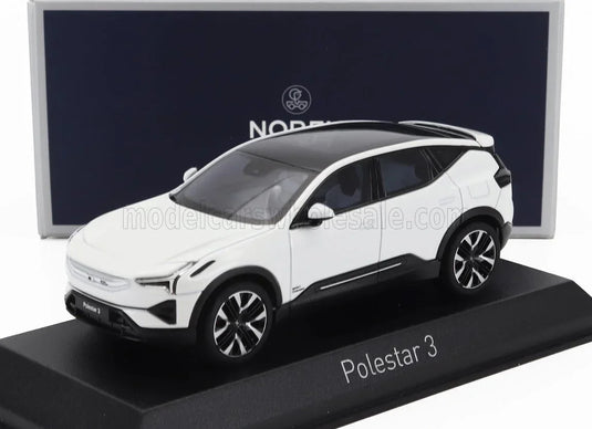 Wit Polestar 3-schaalmodel op een displayvoet, gepresenteerd door Vroomi voor verzamelaars