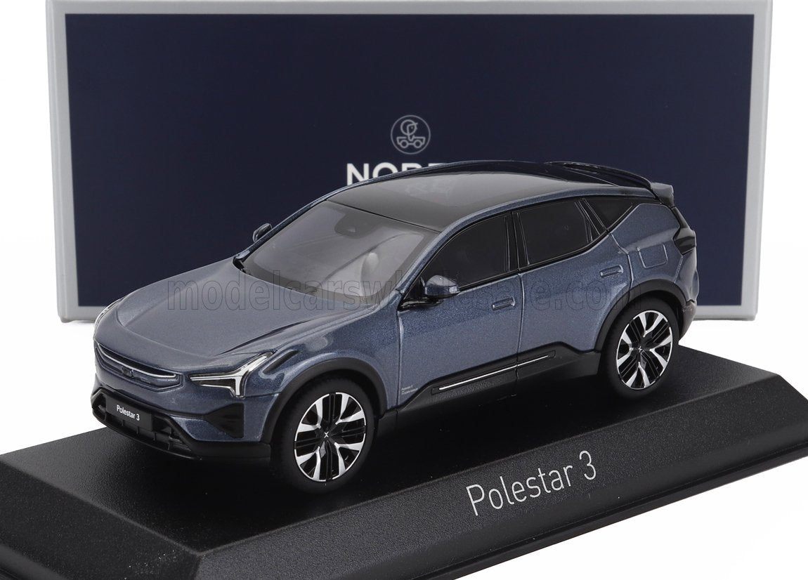 Diecast model of blue Polestar 3 electric SUV on display stand, offered on Vroomi