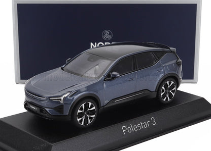 Diecast model of blue Polestar 3 electric SUV on display stand, offered on Vroomi