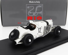White vintage racing car model with number 12, black wheels, detailed exhaust pipes, available on Vroomi