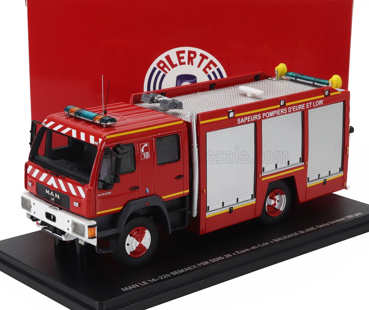 MAN LE 14.220 Tanker Truck Double Cab Bemaex FSR SDIS 28 Sapeurs Pompiers d'Eure et Loir 2004 Red Grey Alerte 1:43 scale model
