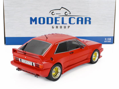 Red 1:18 scale die-cast Volkswagen Scirocco model car with yellow wheels, available at Vroomi