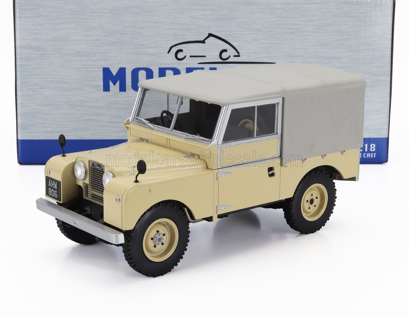 Beige 1948 Land Rover Series I 80" scale model car by Vroomi, detailed die-cast replica with soft top