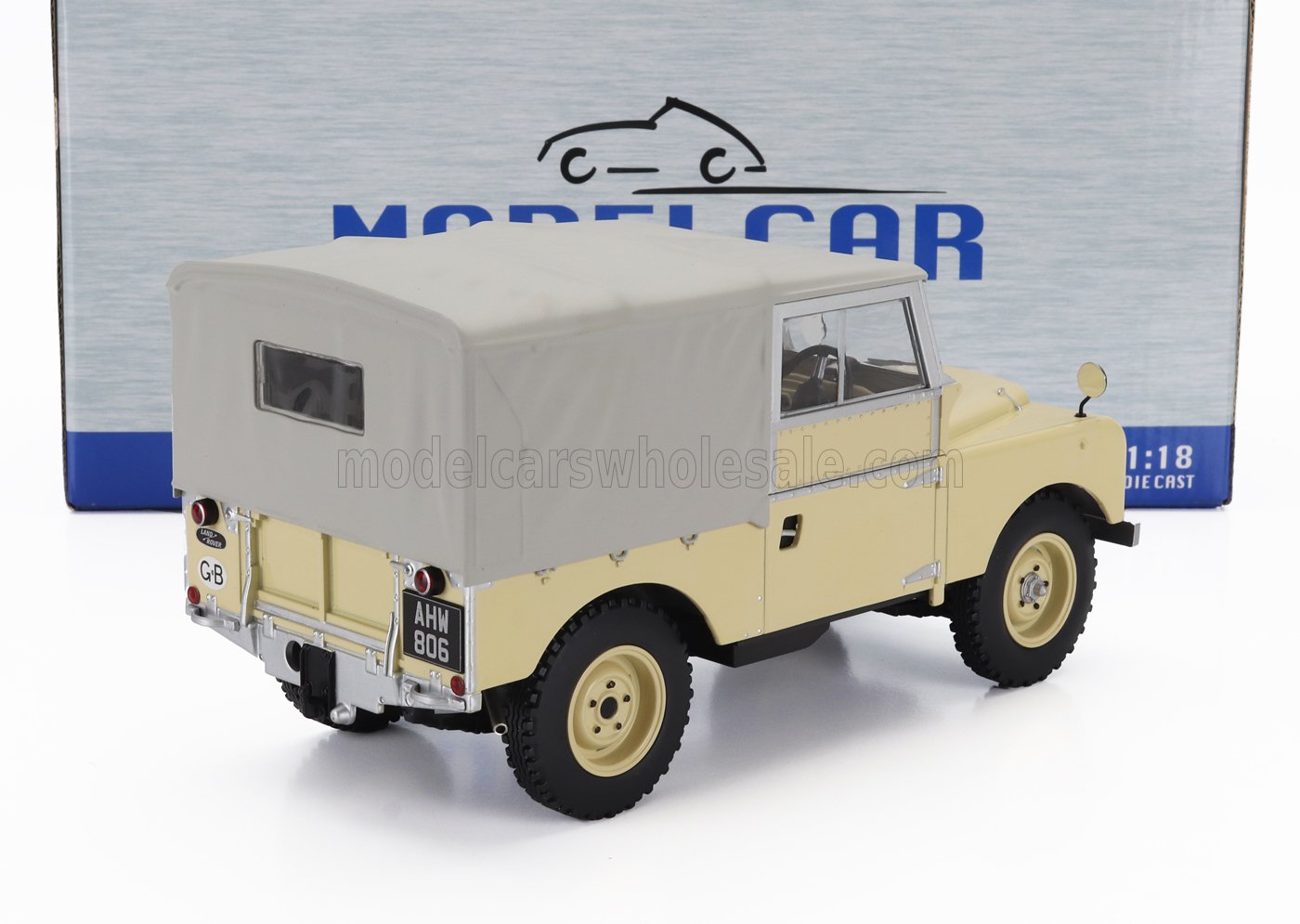 1:18 scale model car of Land Rover Series I, cream with canvas top, from Vroomi