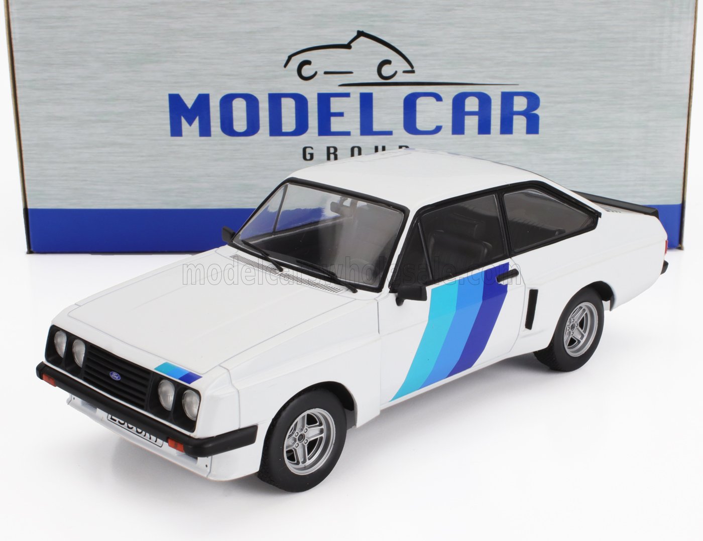 White Ford Escort model car with blue racing stripes on door and hood, detailed die-cast replica available at Vroomi