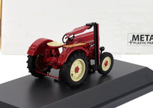 Red vintage Porsche Diesel tractor 1/43 scale model on black stand, available at Vroomi