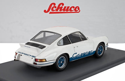 White Porsche Carrera 2.7 RS model car with blue accents on display, accessible on Vroomi