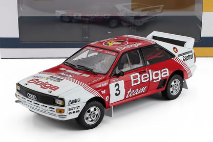 Red and white Audi rally car 1/18 scale model with Belga livery, available at Vroomi