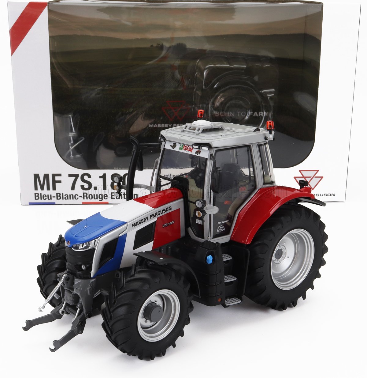 Massey Ferguson MF 7S.180 Bleu-Blanc-Rouge tractor die-cast model with blue, white, and red detailing, available at Vroomi