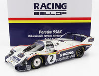 Modèle réduit de la Porsche 956K par Vroomi, arborant la livrée Racing Bellof et des autocollants de sponsors très détaillés.