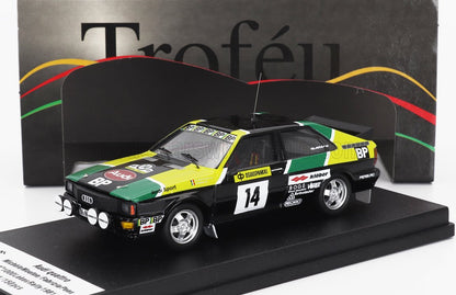 1/43 scale Audi Quattro rally die-cast model car with green, yellow, and black livery, available for collectors now