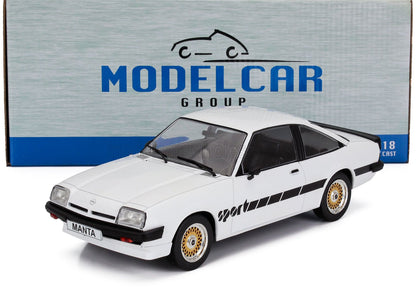 White Opel Manta sports model car with gold wheels and black stripe, available at Vroomi