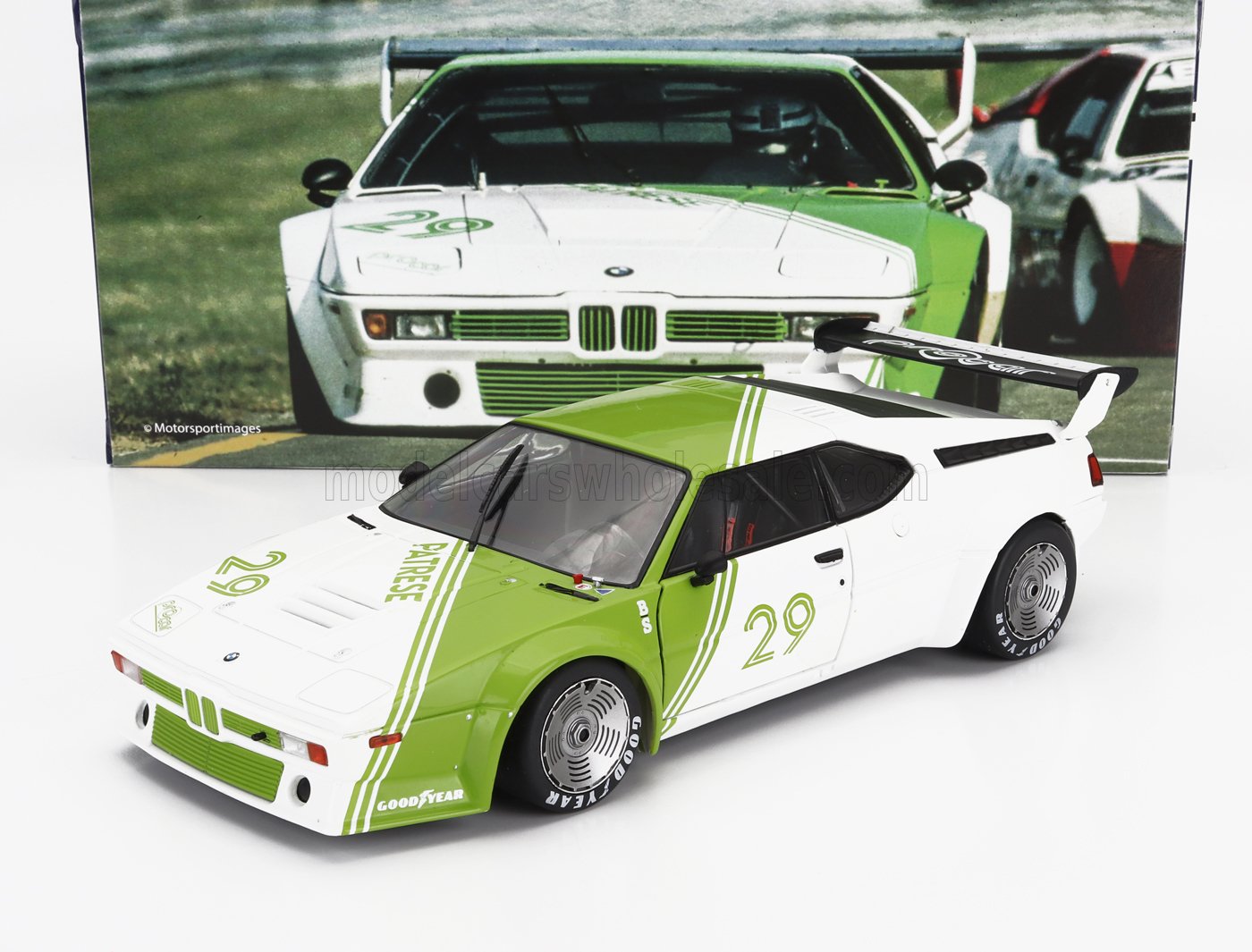BMW M1 race car model in green and white livery with number 29, available on Vroomi