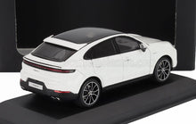 White Porsche Cayenne hybrid model car on black display stand, offered on Vroomi