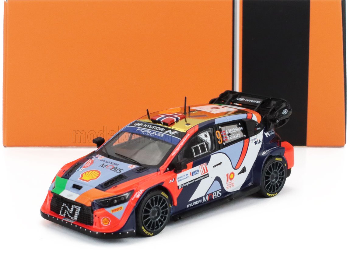 Voiture miniature Hyundai rally avec livrée Shell Mobis, présentée par Vroomi pour collectionneurs