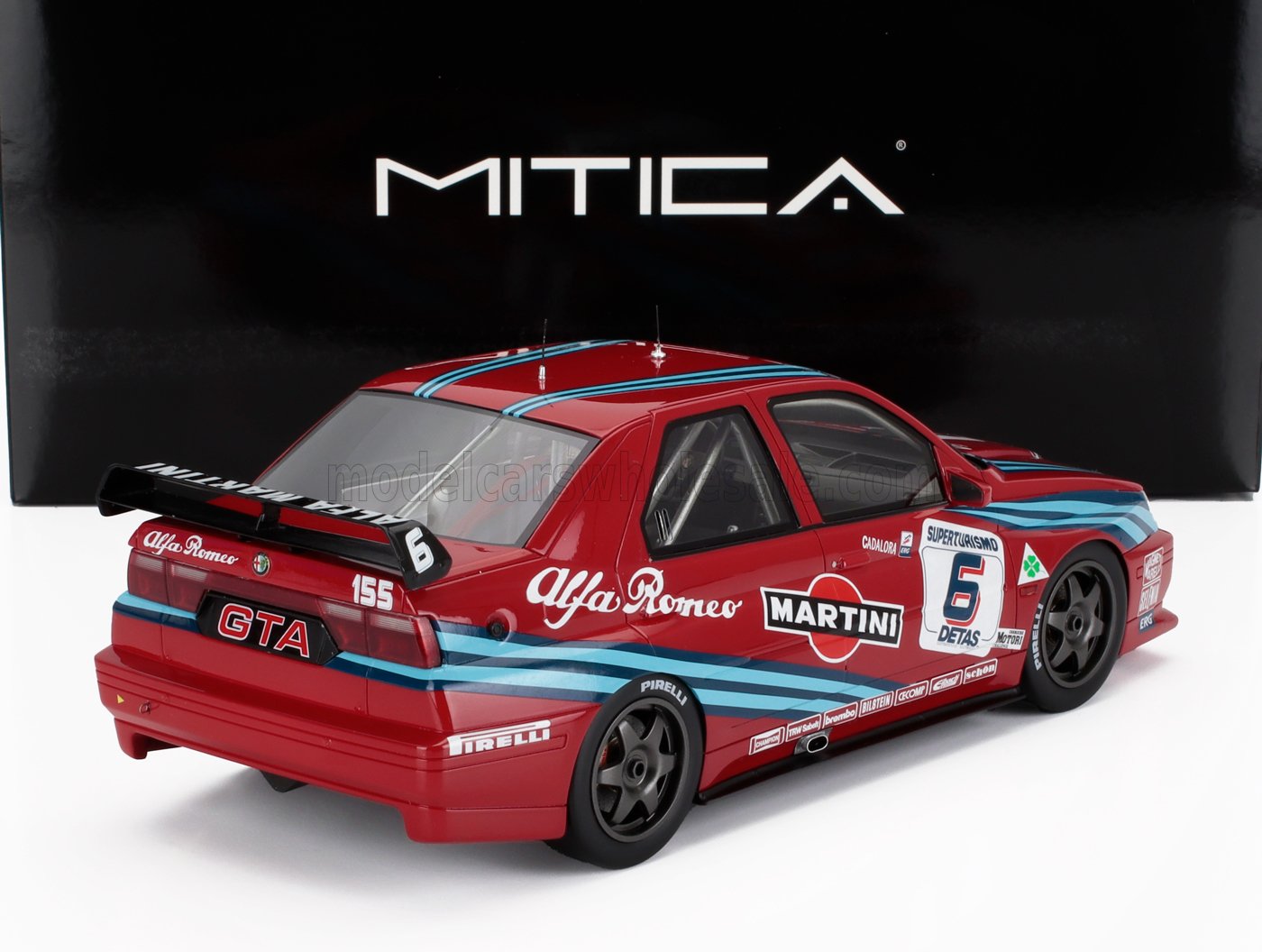 Red Alfa Romeo 155 GTA Martini 1/18 scale model race car with racing decals, available now.