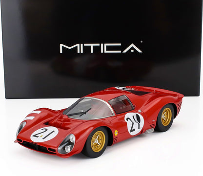 Modèle réduit de voiture de course vintage rouge, avec le numéro 21 sur les portières et le capot, jantes dorées, présenté dans son coffret MITICA, disponible sur Vroomi