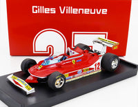 Modellino in scala Ferrari 12 rosso di Vroomi, tributo a Gilles Villeneuve con decalcomanie Michelin e Agip su base espositiva