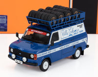 Voiture miniature Ford Transit bleu de soutien rallye avec galerie et pneus sur le toit, Vroomi