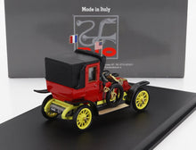 Vintage red and yellow model car with black roof and French and US flags, available on Vroomi