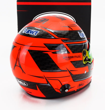 Red and black racing helmet with BWT and Amazon Music logos, scale model car accessory at Vroomi