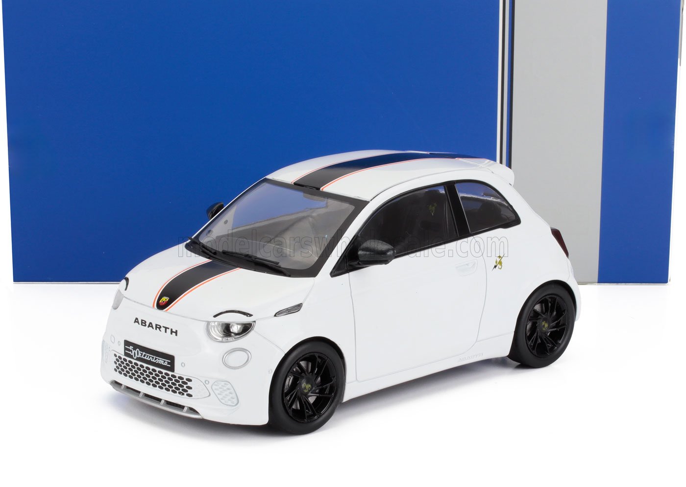 White Abarth 500 Turismo scale model car with black racing stripes and black wheels available at Vroomi
