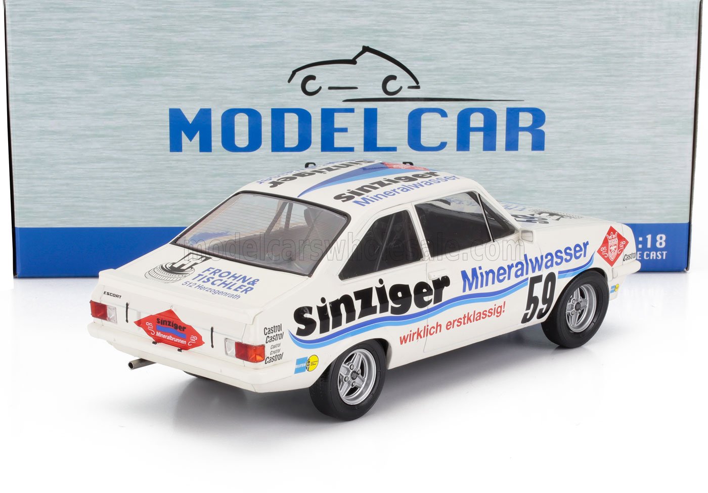White 1/18 scale Sinziger Mineralwasser racing model car with blue and red decals, number 59, available at Vroomi
