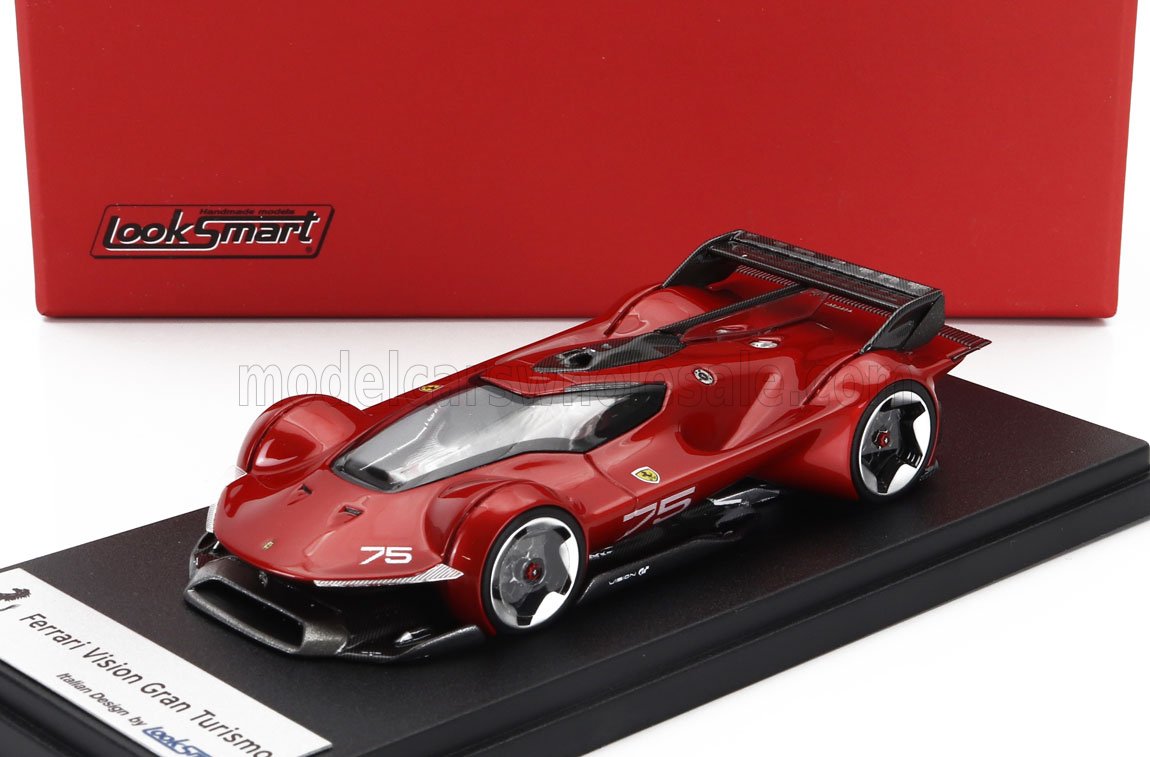 Red Ferrari Vision Gran Turismo model car on black stand with LookSmart box, now offered on Vroomi