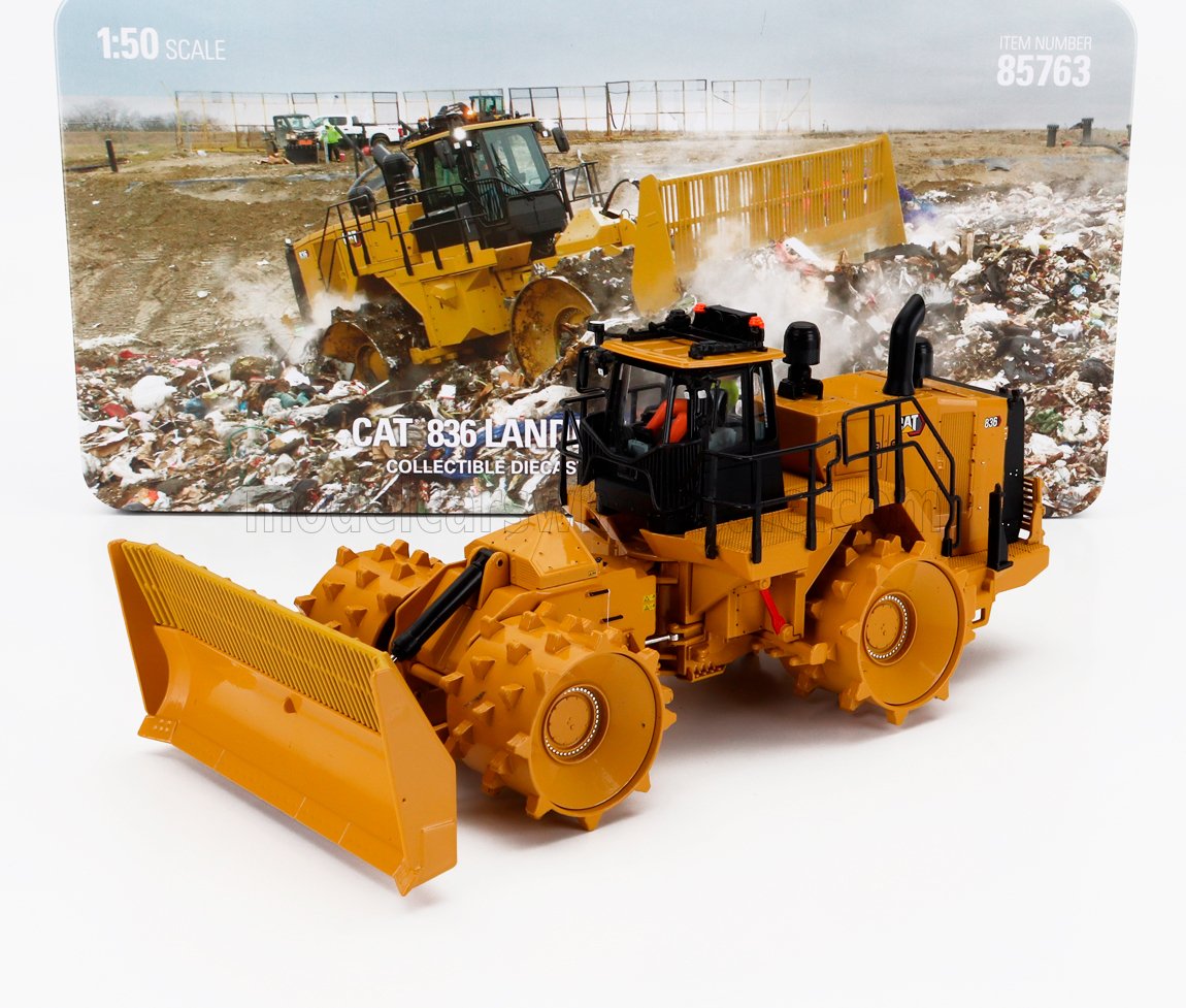 1:50 scale CAT 836 landfill compactor diecast model with detailed wheels and blade, offered on Vroomi