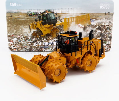 1:50 scale CAT 836 landfill compactor diecast model with detailed wheels and blade, offered on Vroomi