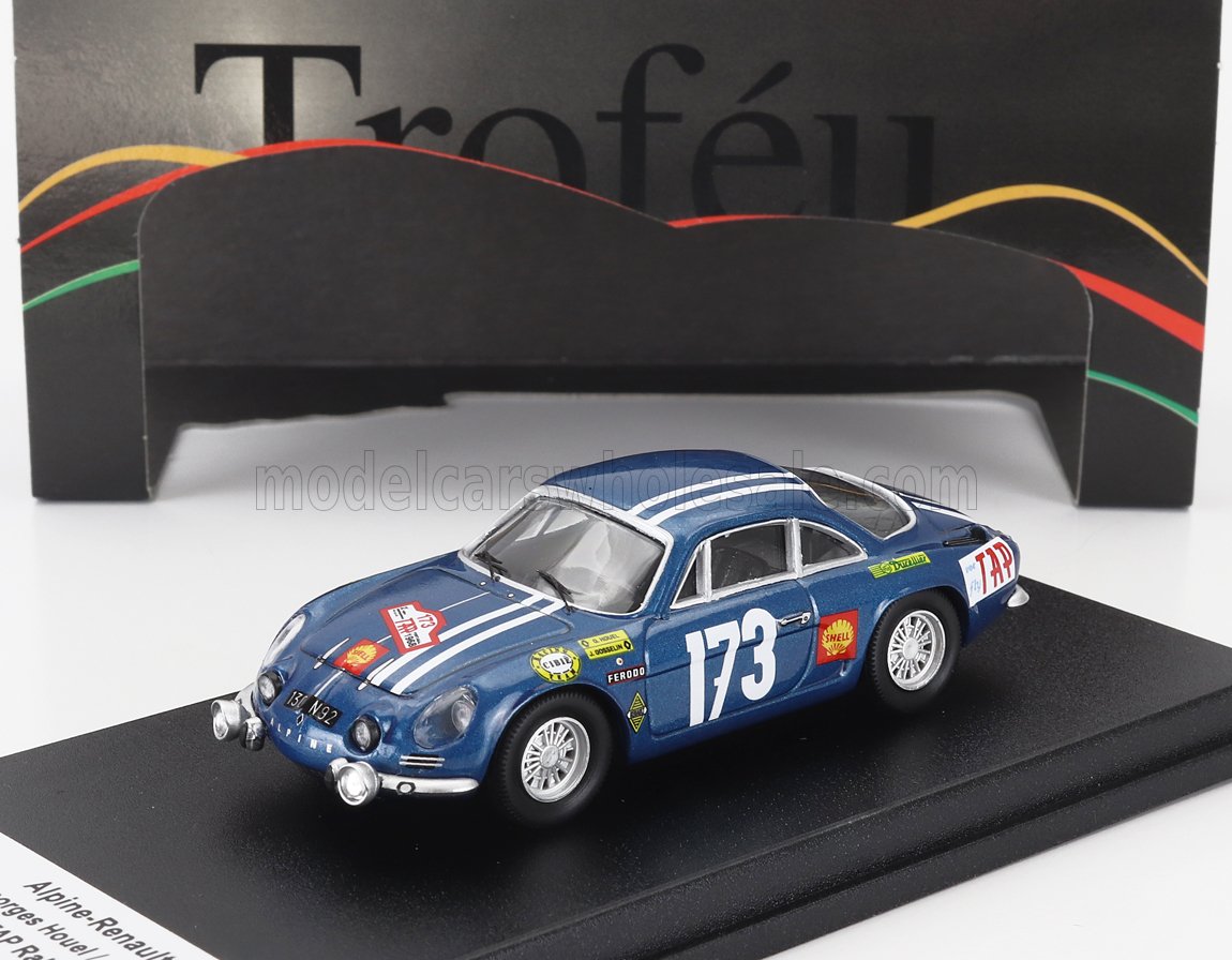 Voiture miniature Alpine-Renault de course bleue N 173, présentée sur support avec boîte Troféu — Vroomi
