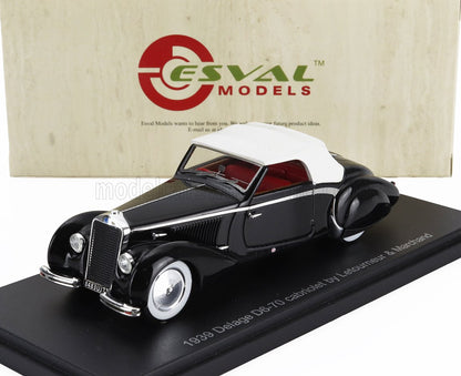 Black 1939 Delage D6-70 cabriolet model with white roof and red interior on display platform, offered via Vroomi