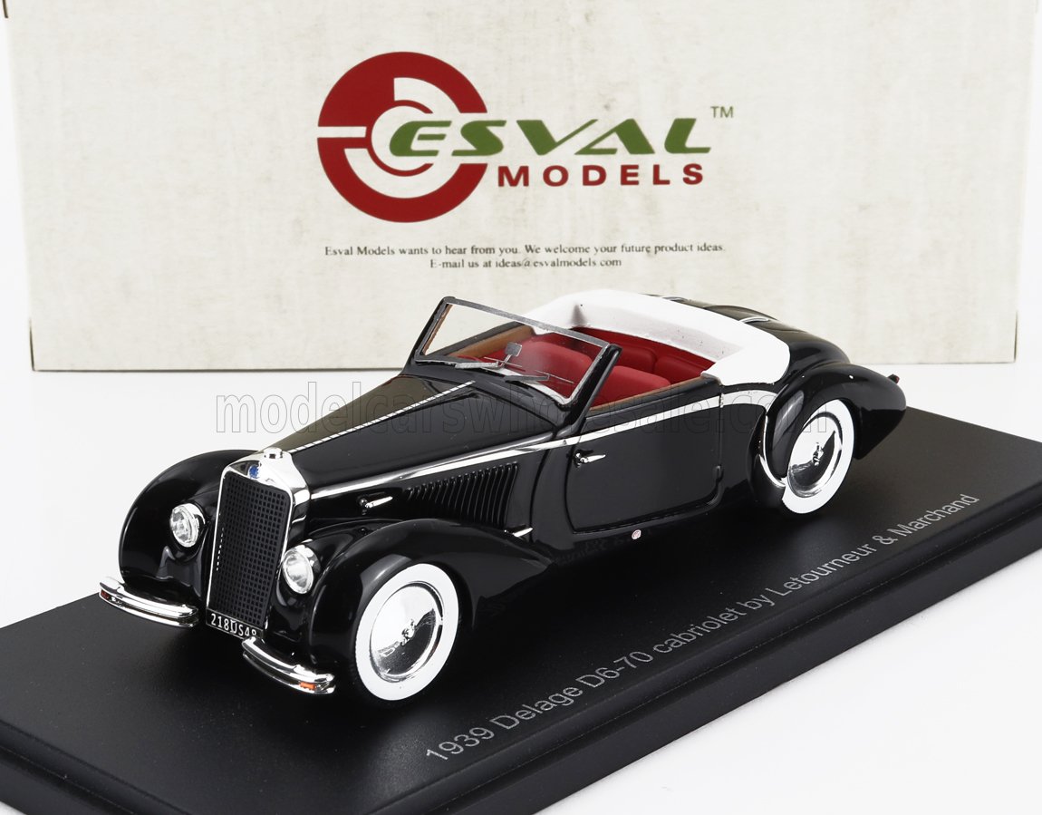 1939 black Delage D6-70 cabriolet model with red interior on display base, offered on Vroomi