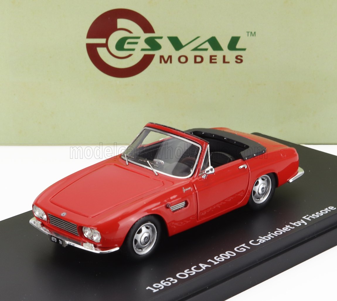 Red 1963 OSCA 1600 GT Cabriolet scale model by Fissore on black base, available through Vroomi