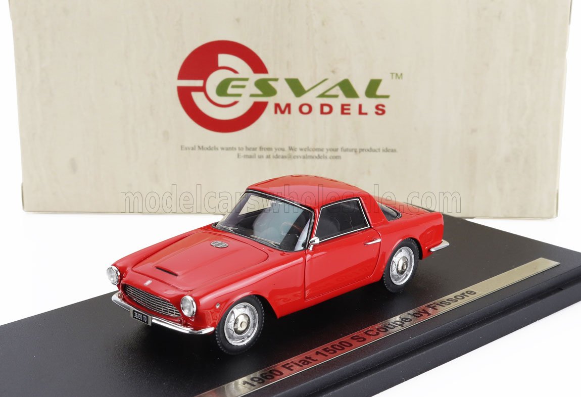 Red 1960 Fiat 1500 S Coupe model by Fissore displayed on black stand, available through Vroomi