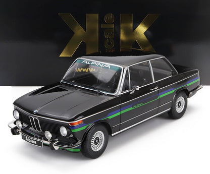 Black vintage BMW Alpina model car with blue and green stripes, classic wheels, available on Vroomi