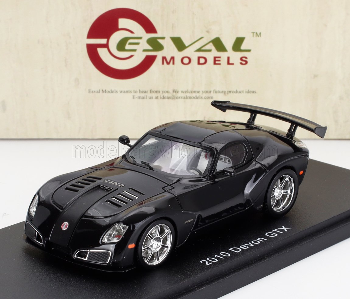 Black 2010 Devon GTX model car with spoiler on display stand by Esval Models, now offered on Vroomi