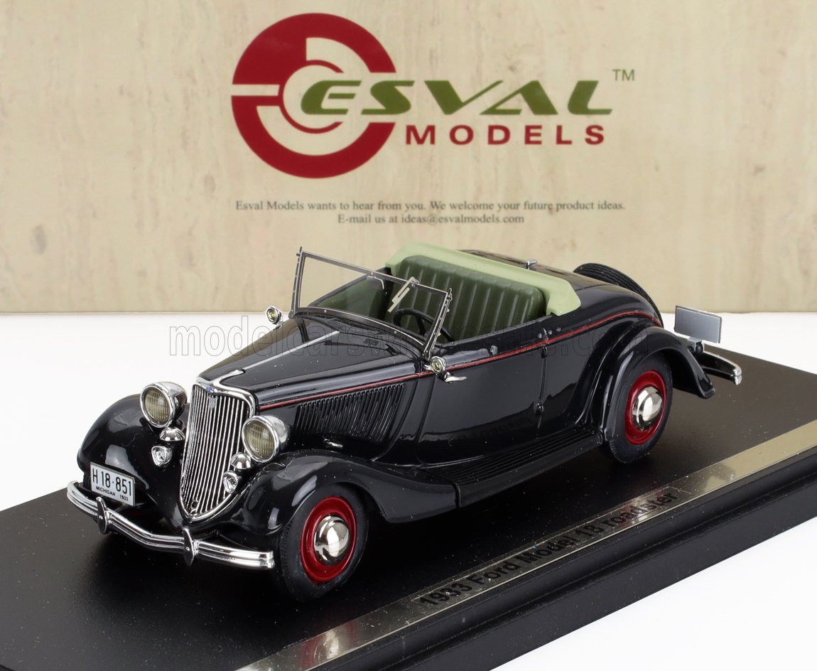 1933 black Ford Model 18 Roadster scale model with red wheels and green interior, available on Vroomi