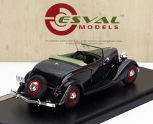 Esval Models black vintage convertible car model with red wheels, displayed on black base, available on Vroomi