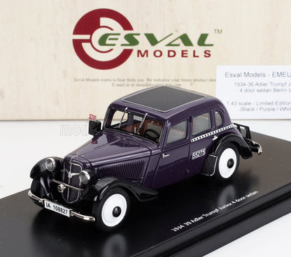 Esval Models 1:43 scale 1934-39 Adler Trumpf Junior 4-door sedan model car in black and purple, available on Vroomi