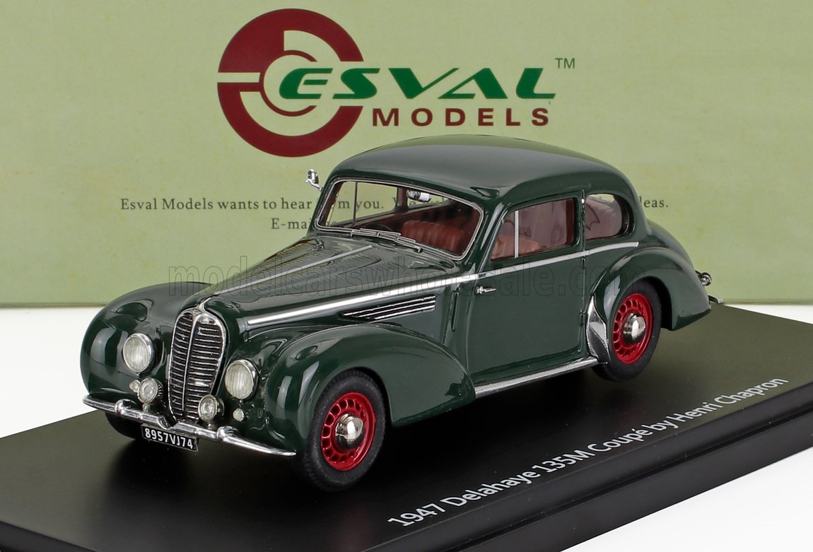 1947 Delahaye 135M Coupé model in dark green with red wheels by Esval Models, available on Vroomi
